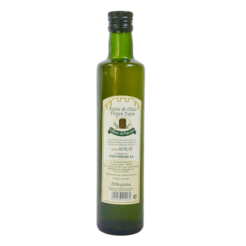Glass von ölivenöl der Arbequina-Olive von Torre de Porcuna
